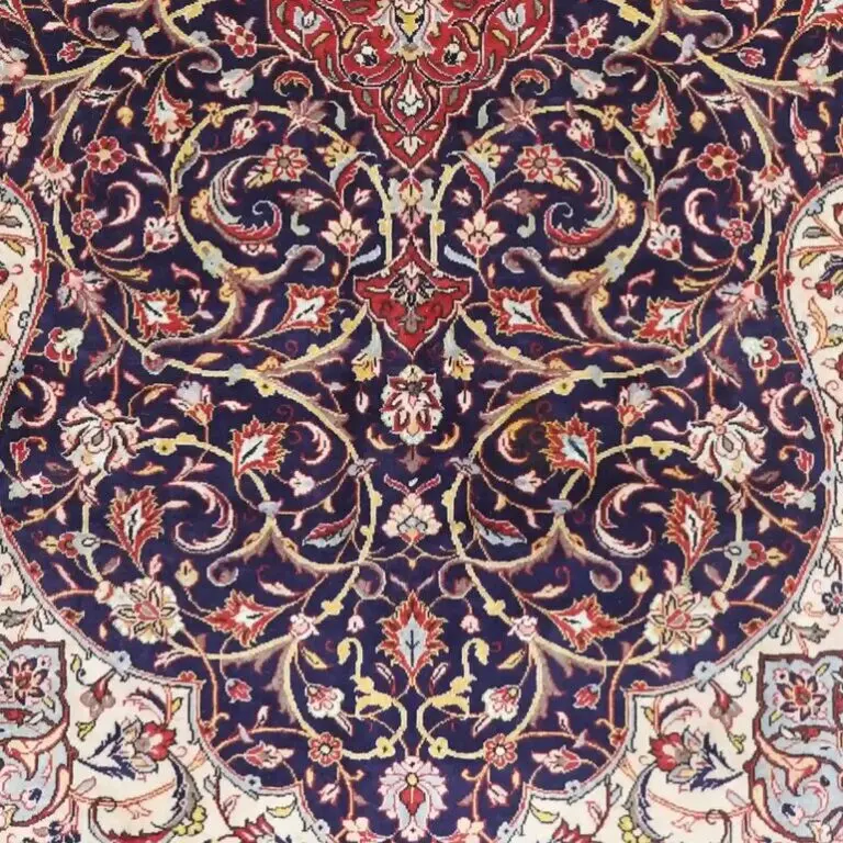 Navy Blue Floral 50 RajTabriz Rug, Double Hand Knotted Fine Handspun Lamb Wool.Iran (332 x 210)cm, navy blue floral tabriz rug, close-up detail 3