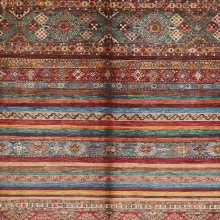 Khorjin Rug - 350 x 270, orange tribal khorjin rug, close-up detail 1