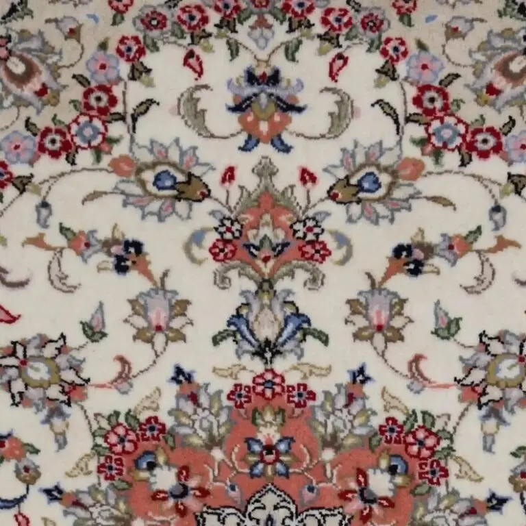 Peachy Yazd Rug, Double hand Knotted, Lambb Handspun Wool, Iran (147 x 100)cm, peach yazd persian rug, close-up detail 1