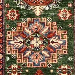 A-463 Super Kazak Runner -298 x 78, red afghan kazak runner, close-up detail 1