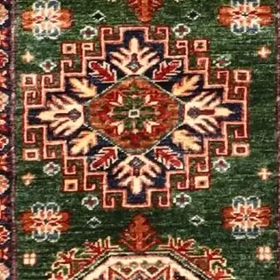A-463 Super Kazak Runner -298 x 78, red afghan kazak runner, close-up detail 2