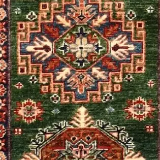 A-463 Super Kazak Runner -298 x 78, red afghan kazak runner, close-up detail 3
