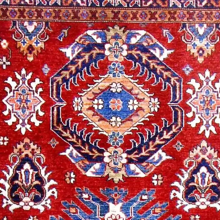Super Kazak Rug - 214 x 147, red afghan sarasar kazak rug, close-up detail 1