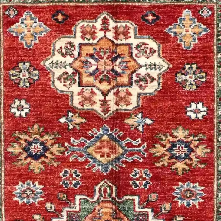 Super Kazak Rug 154 x 95, red afghan super kazak rug, close-up detail 1