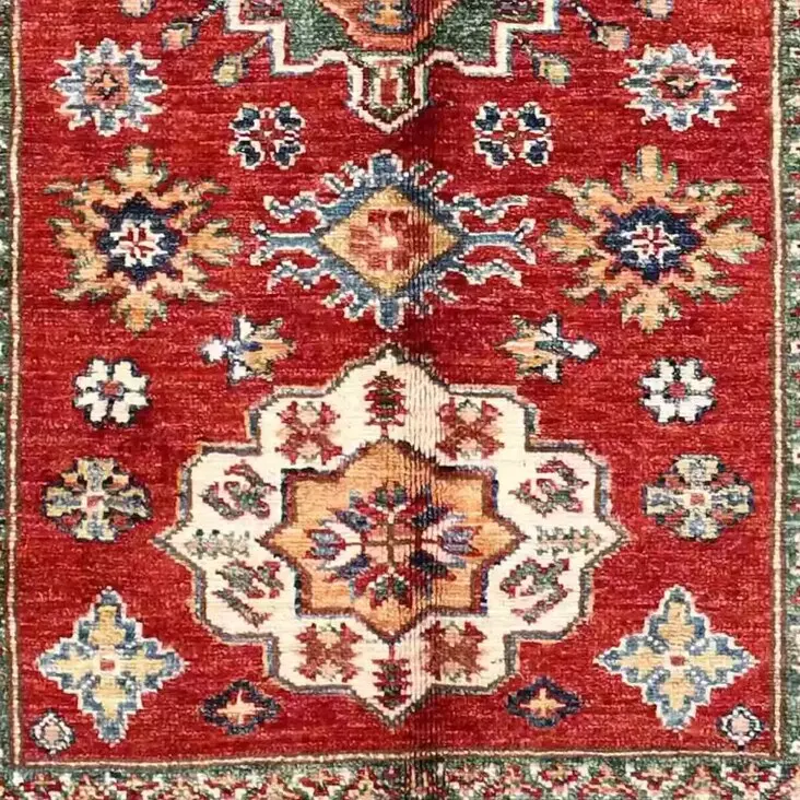 Super Kazak Rug 154 x 95, red afghan super kazak rug, close-up detail 3