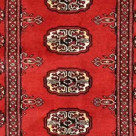 Trible Candy Red Bokhara Runner NZ Handspun Wool (479 x 79)cm, red bokhara tribal runner, close-up detail 1
