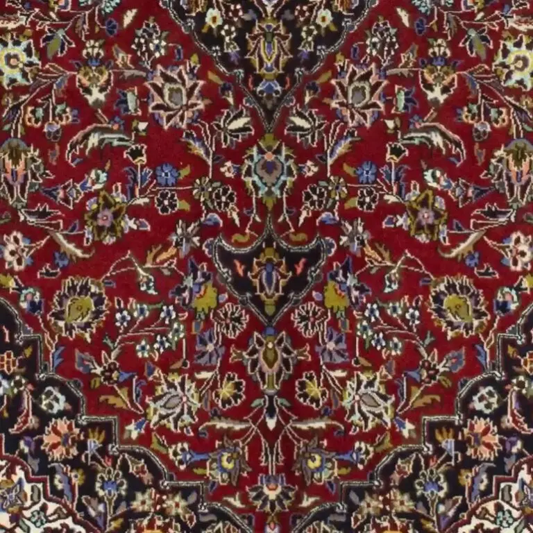 Dark Red Kashan Shad Sar Rug, Double Hand Knotted, Lamb Handspun Wool & Silk Iran (222 x 145)cm, red kashan shad sar rug, close-up detail 3