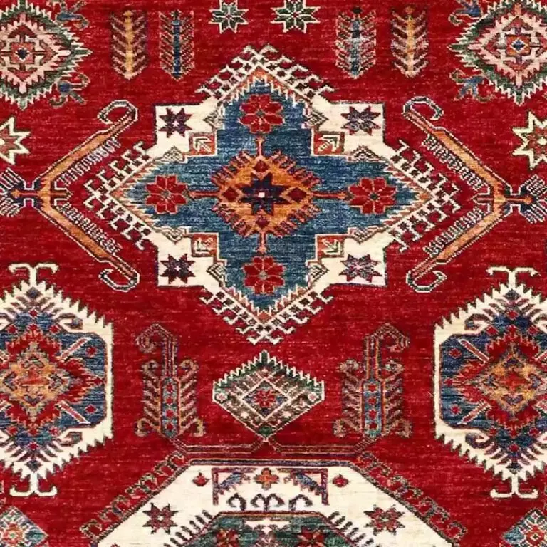 Super Kazak Rug - 244 x 166, red traditional kazak rug, close-up detail 1