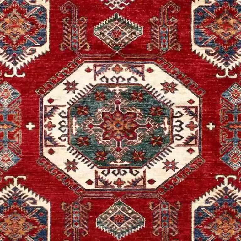 Super Kazak Rug - 244 x 166, red traditional kazak rug, close-up detail 2