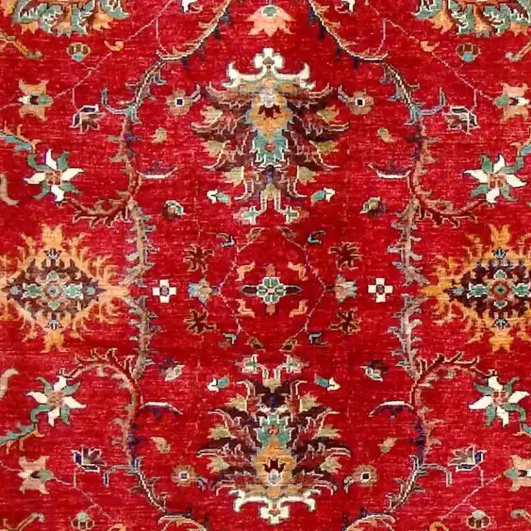 Suzani Rug 260 x 180, red transitional suzani rug, close-up detail 2