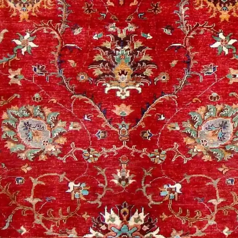 Suzani Rug 260 x 180, red transitional suzani rug, close-up detail 3