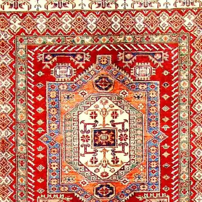 Super Kazak Rug 254 x 172, red white border kazak rug, close-up detail 1
