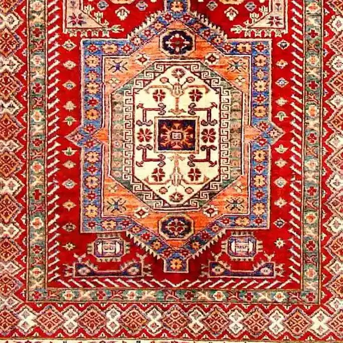 Super Kazak Rug 254 x 172, red white border kazak rug, close-up detail 3