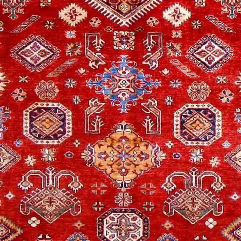 Super Kazak Rug - 309 x 204, red white border kazak rug, close-up detail 3