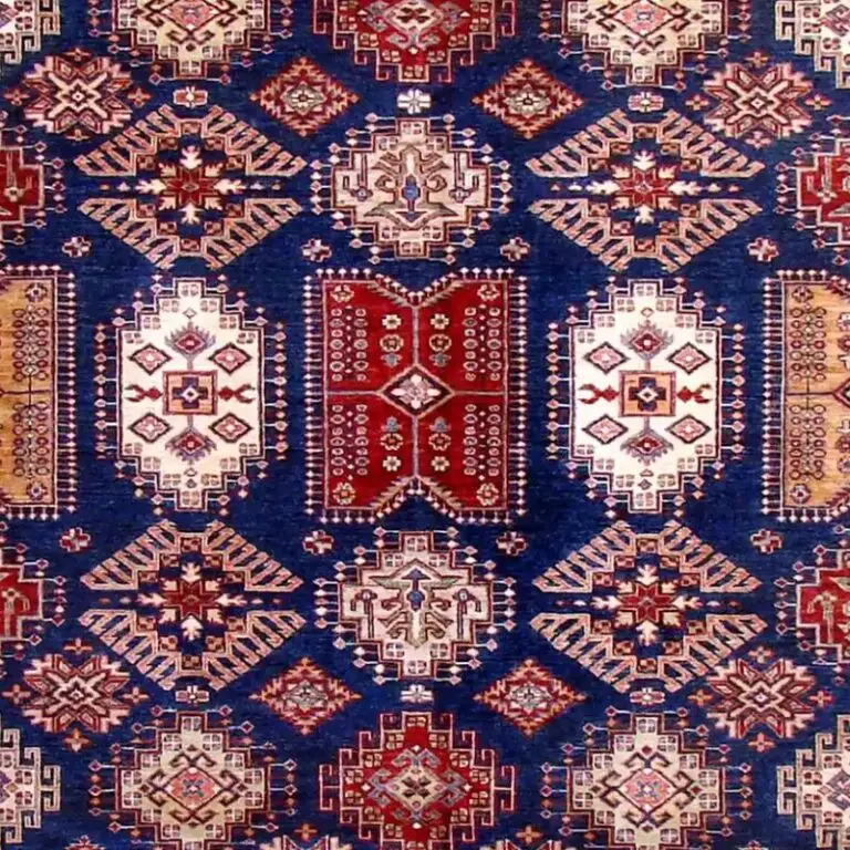 Royal Blue Super Kazak Fine NZ Handspun Wool Rug Veg Dye (350 x 278)cm, royal blue kazak rug, close-up detail 2