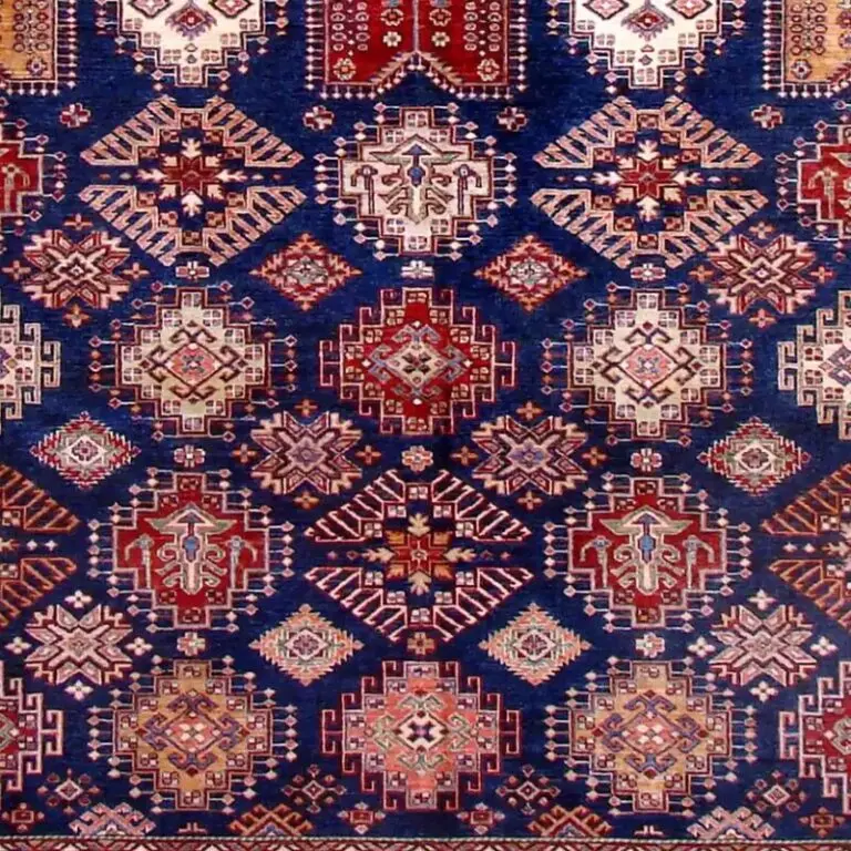 Royal Blue Super Kazak Fine NZ Handspun Wool Rug Veg Dye (350 x 278)cm, royal blue kazak rug, close-up detail 3