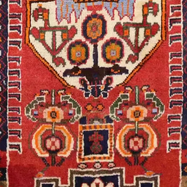 Shiraz Hand Knotted Rug Lamb Wool German Dye Iran (160 x 92)cm, rust shiraz persian rug, close-up detail 3