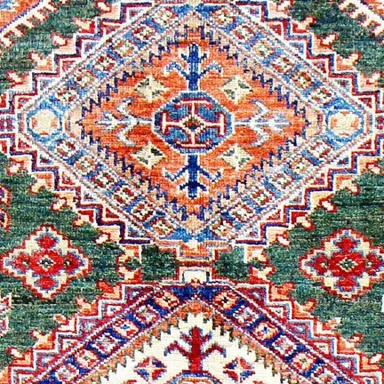 Super Fine Kazak Double Hand Knotted Rug NZ Wool Sea Green Veg Dye Afghan(118 x 82)cm, sea green kazak rug, close-up detail 1