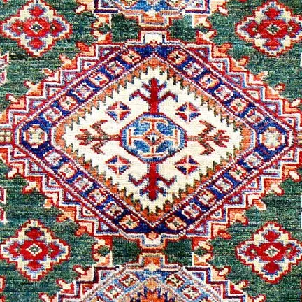 Super Fine Kazak Double Hand Knotted Rug NZ Wool Sea Green Veg Dye Afghan(118 x 82)cm, sea green kazak rug, close-up detail 2