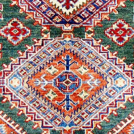 Super Fine Kazak Double Hand Knotted Rug NZ Wool Sea Green Veg Dye Afghan(118 x 82)cm, sea green kazak rug, close-up detail 3