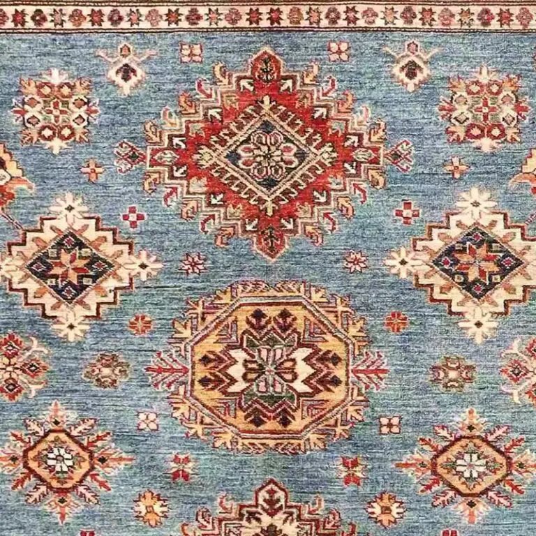 Super Kazak Rug 221 x 182, sky blue kazak rug, close-up detail 1