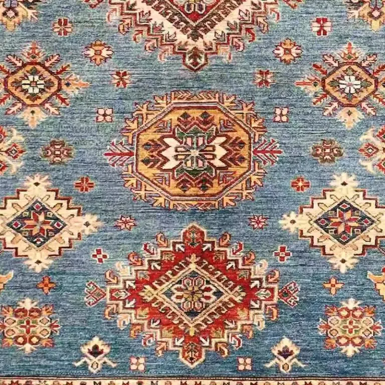 Super Kazak Rug 221 x 182, sky blue kazak rug, close-up detail 3
