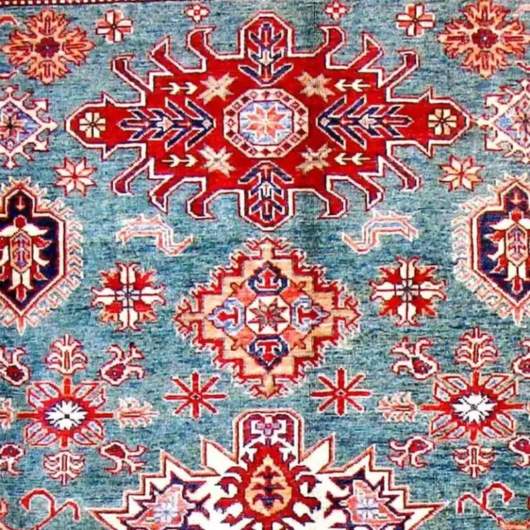Super Kazak Rug 242 x 167, sky blue medallion kazak rug, close-up detail 1