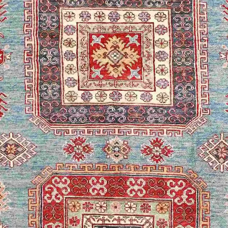 Super Kazak Rug - 296 x 186, sky blue medallion kazak rug, close-up detail 1