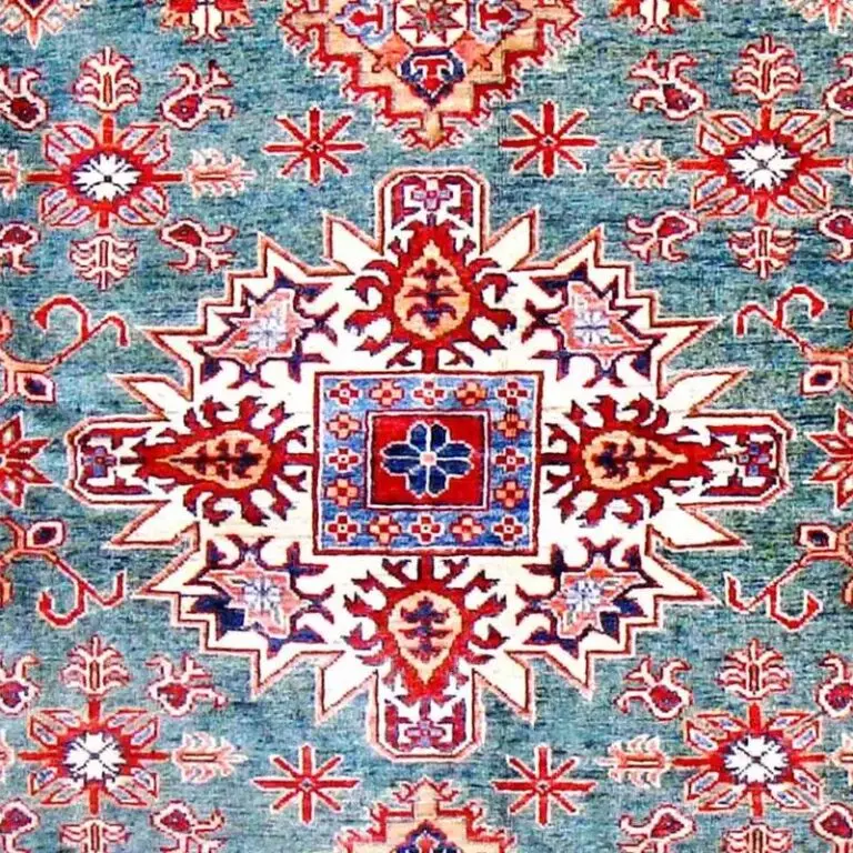 Super Kazak Rug 242 x 167, sky blue medallion kazak rug, close-up detail 2