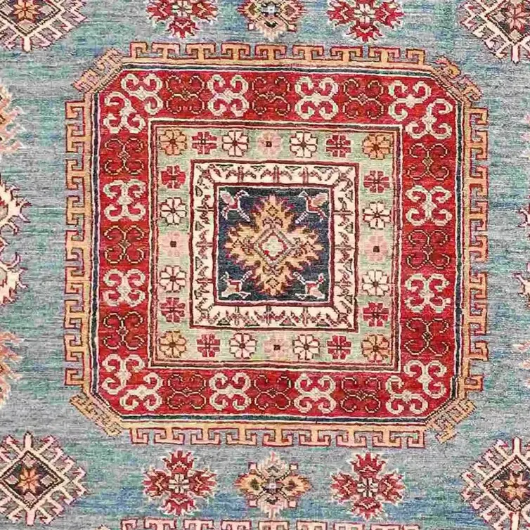 Super Kazak Rug - 296 x 186, sky blue medallion kazak rug, close-up detail 2