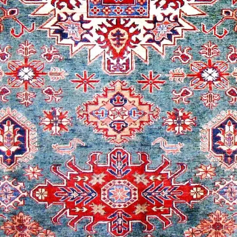 Super Kazak Rug 242 x 167, sky blue medallion kazak rug, close-up detail 3