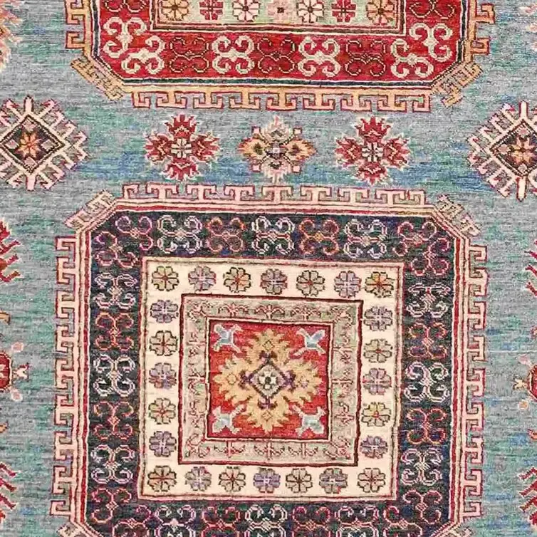 Super Kazak Rug - 296 x 186, sky blue medallion kazak rug, close-up detail 3