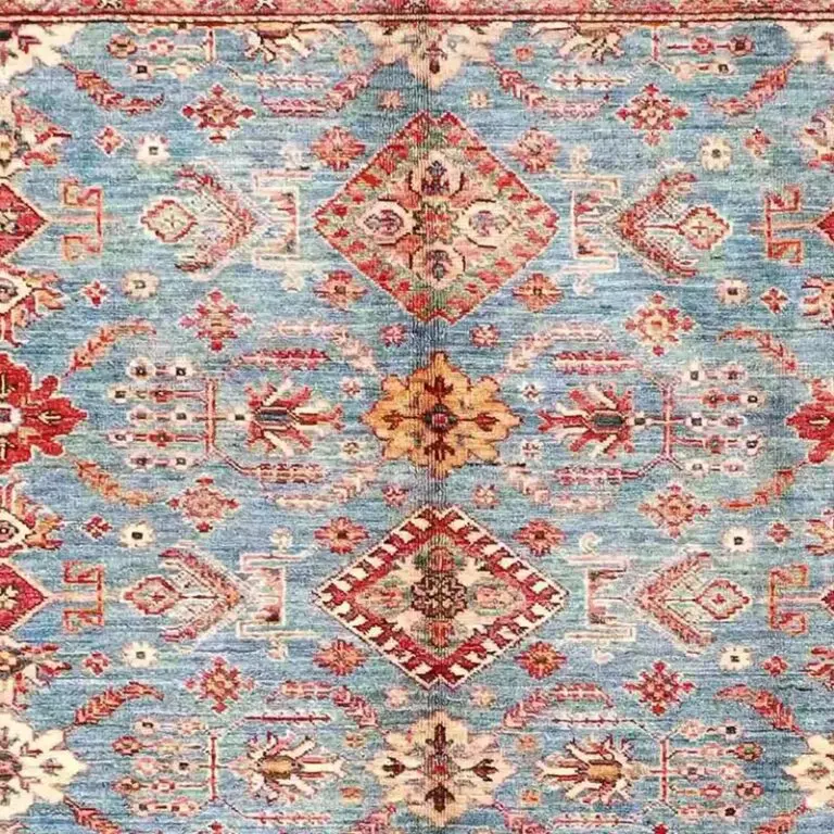 Super Kazak Rug - 246 x 172, sky blue sarasar kazak rug, close-up detail 1