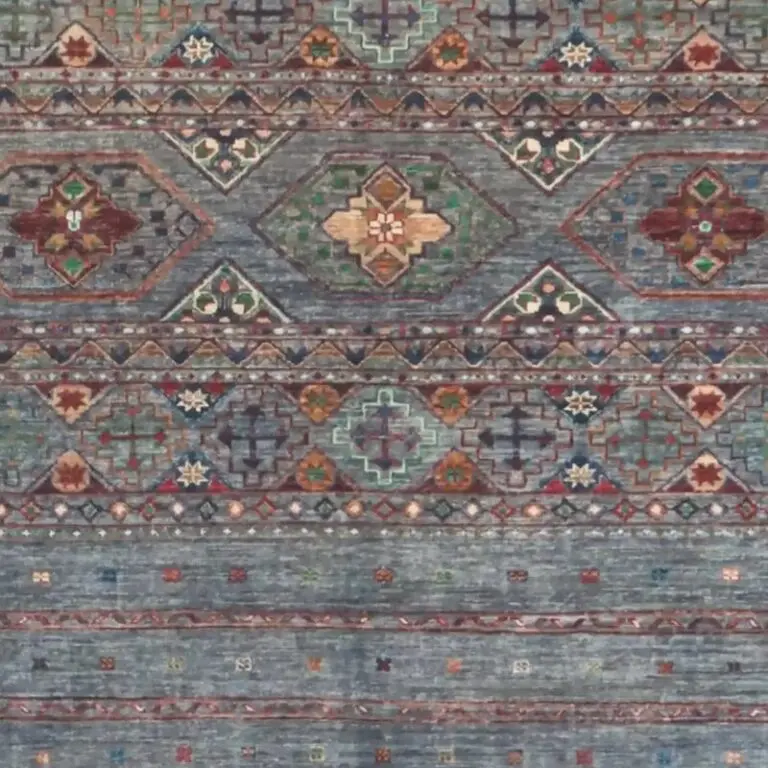Slate Grey Khorjin Double Hand Knotted Rug NZ Wool Veg Dye Afghan (292 x 205)cm, slate grey khorjin rug, close-up detail 1