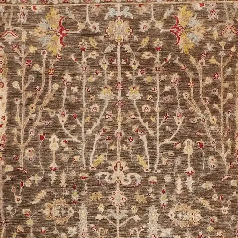 Taupe Pine Tree Designer Rug, Double Hand Knotted, Gazney Wool, Veg Dye, Afghan(378 x 270)cm, taupe pine tree design rug, close-up detail 1
