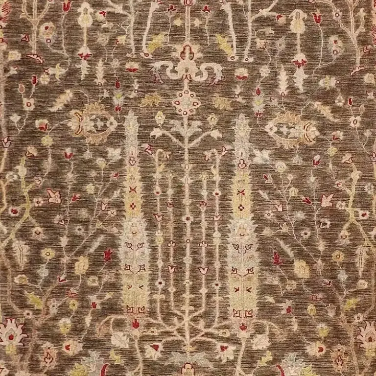 Taupe Pine Tree Designer Rug, Double Hand Knotted, Gazney Wool, Veg Dye, Afghan(378 x 270)cm, taupe pine tree design rug, close-up detail 2