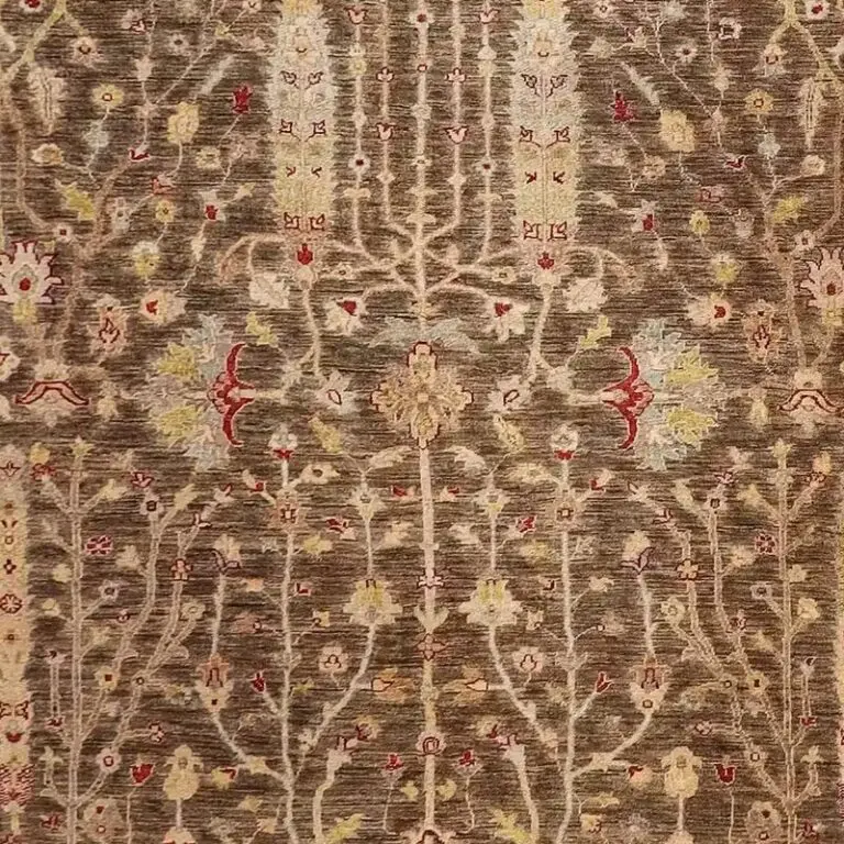 Taupe Pine Tree Designer Rug, Double Hand Knotted, Gazney Wool, Veg Dye, Afghan(378 x 270)cm, taupe pine tree design rug, close-up detail 3
