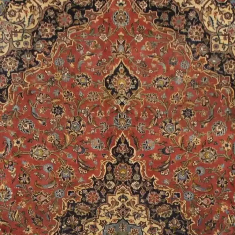 Earthy Terracotta Kashan Rug, Double hand knotted, Veg Dye, Soft lamb Wool, Iran (372 x 260)cm, terracotta kashan rug, close-up detail 1