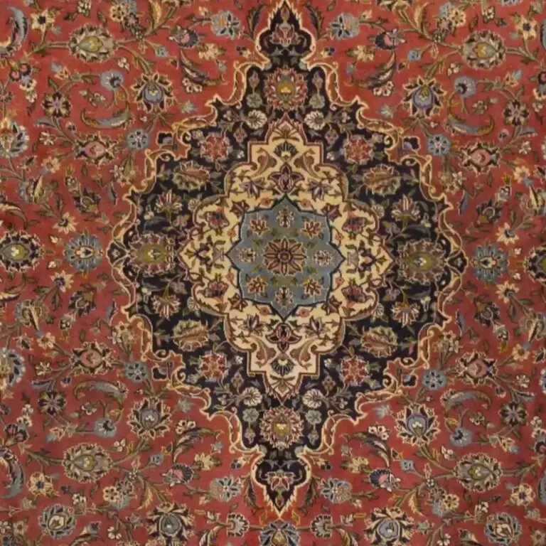 Earthy Terracotta Kashan Rug, Double hand knotted, Veg Dye, Soft lamb Wool, Iran (372 x 260)cm, terracotta kashan rug, close-up detail 2
