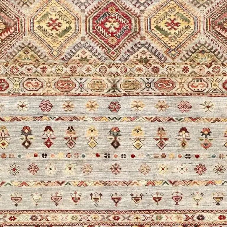 Transitional Rug Khorjin, Double Hand Knotted, NZ Handspun Wool, Veg Dye, Afghan (259 x 176)cm, transitional khorjin rug, close-up detail 1