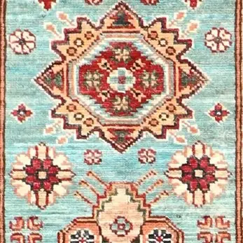 Light Turquoise Super Kazak Runner, NZ Wool Veg Dye Double Hand Knotted Afghan (201 x 58)cm, turquoise super kazak runner, close-up detail 1