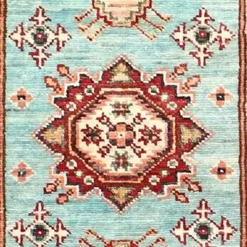 Light Turquoise Super Kazak Runner, NZ Wool Veg Dye Double Hand Knotted Afghan (201 x 58)cm, turquoise super kazak runner, close-up detail 2