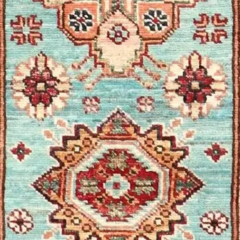 Light Turquoise Super Kazak Runner, NZ Wool Veg Dye Double Hand Knotted Afghan (201 x 58)cm, turquoise super kazak runner, close-up detail 3