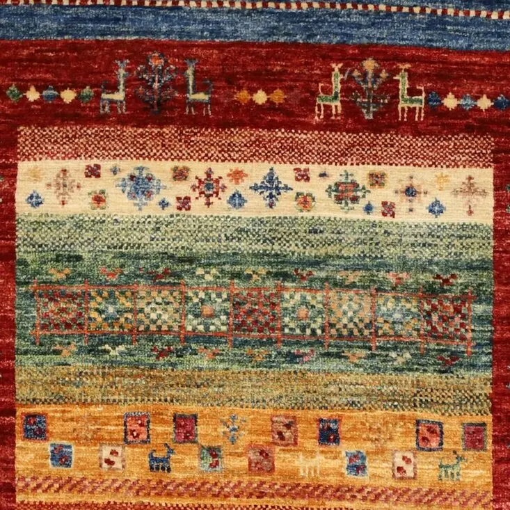 Pictorial Gabbeh hand knotted rug Veg Dye Afghan (152×98)cm, agricultural gabbeh rug, close-up detail 1