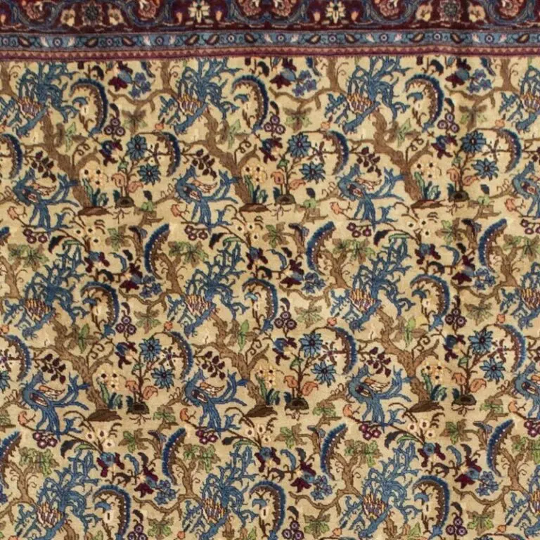 mood Vintage Mashhad Area Rug Hand Knoted NZ Wool Iran Veg Dye (328×253)cm, beige vintage mashhad rug, close-up detail 1