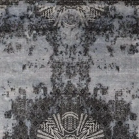 Transitional Wool and Silk Rug Sky Blue &Black, India (380×278) cm, black grey geometric rug, close-up detail 1