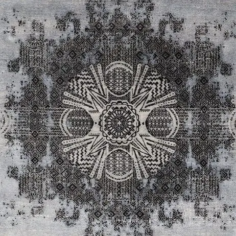 Transitional Wool and Silk Rug Sky Blue &Black, India (380×278) cm, black grey geometric rug, close-up detail 2