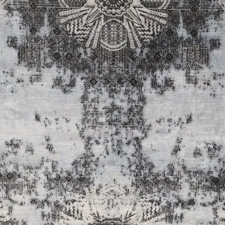 Transitional Wool and Silk Rug Sky Blue &Black, India (380×278) cm, black grey geometric rug, close-up detail 3