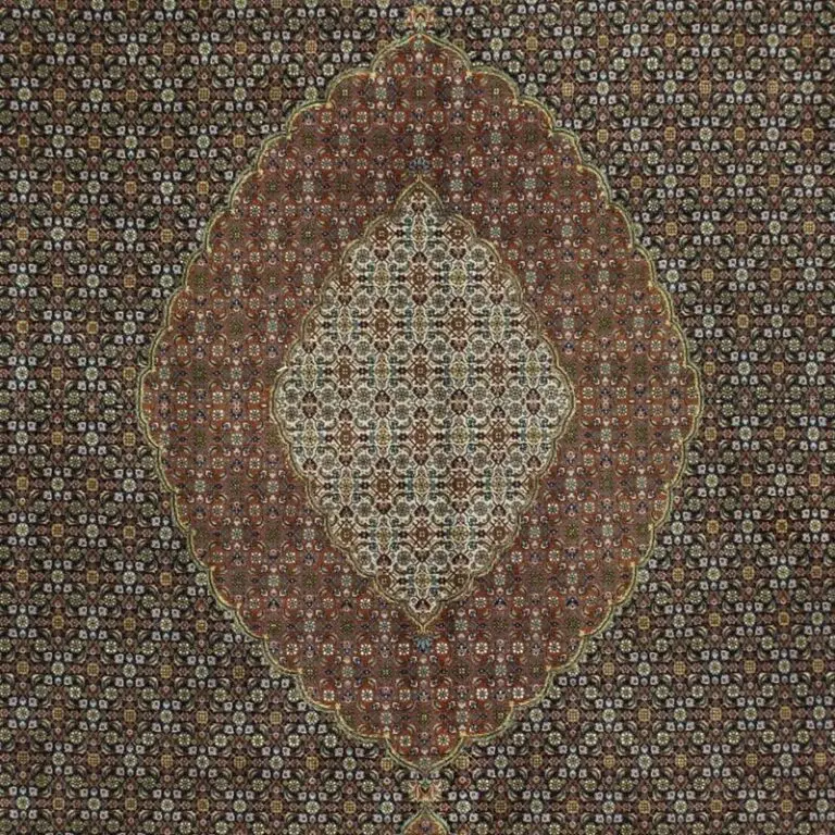Persian Tabriz 60Raj Mahi Hand Knotted Rug Excellent Quality NZ Wool & Pure silk Veg Dye Iran(403×300), black tabriz mahi rug, close-up detail 2