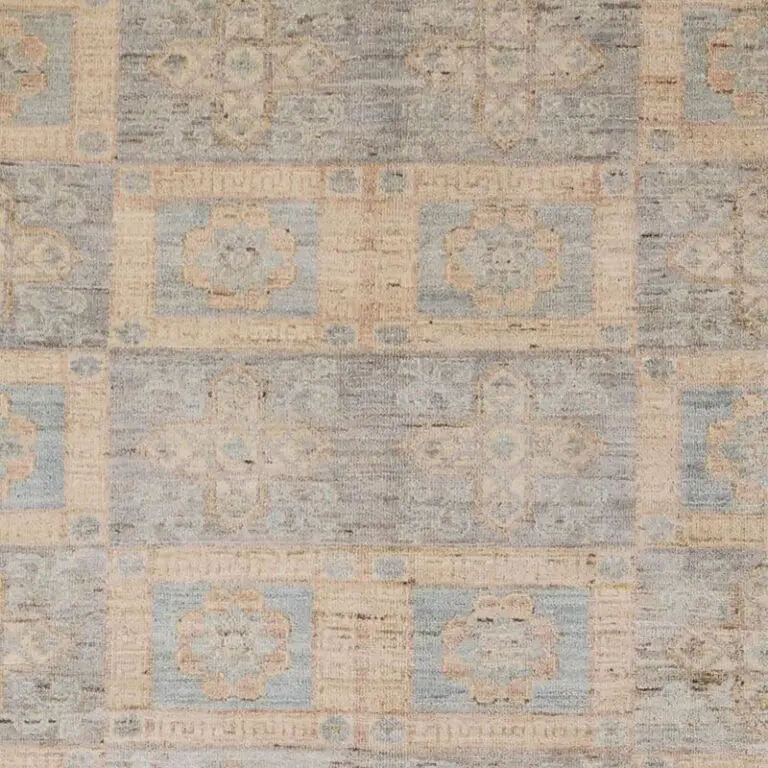 Choobi Oriental Lichen Coloured Rug Double Hand Knotted Afghan NZ Wool Veg Dye (267×180)cm, blue chobi afghan rug, close-up detail 1